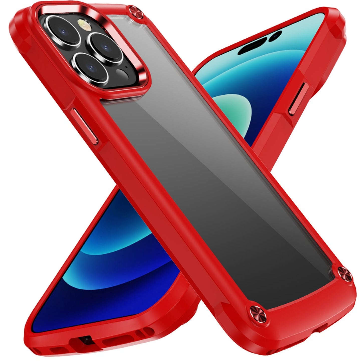 For Apple iPhone 12 Pro Max Hybrid Transparent Rubber with Metal Buttons & Camera Edges Hard TPU Corner Frame Bumper Case Cover Red
