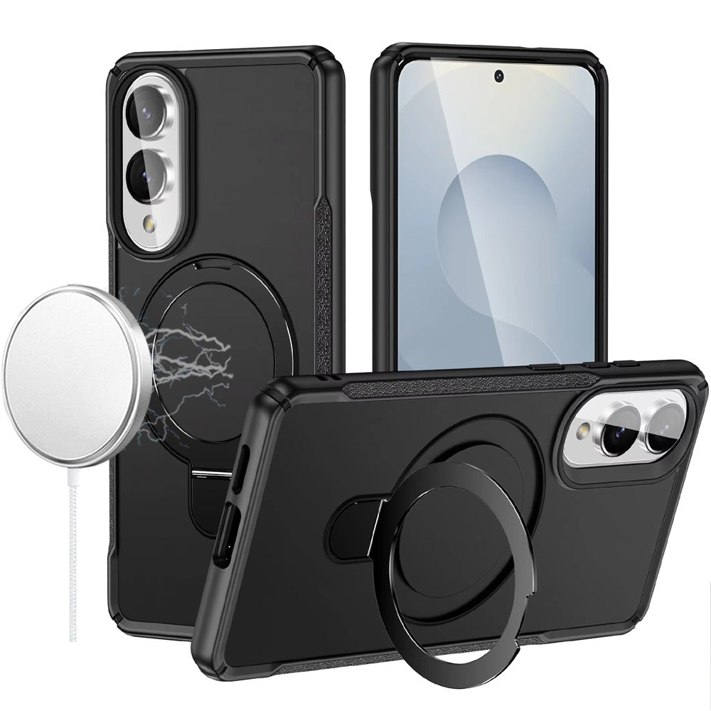 For Samsung Galaxy S25 Edge Matte Finish Magnetic Ring Hybrid Protective Invisible Kickstand Magsafe Compatible Case Cover Black