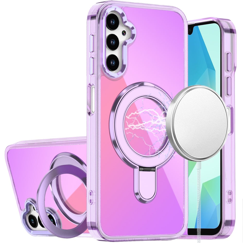For Samsung Galaxy A16 5G Chrome Hybrid with Rotating Magnetic Circle Ring Stand, Slim Shockproof Hybrid Case Cover