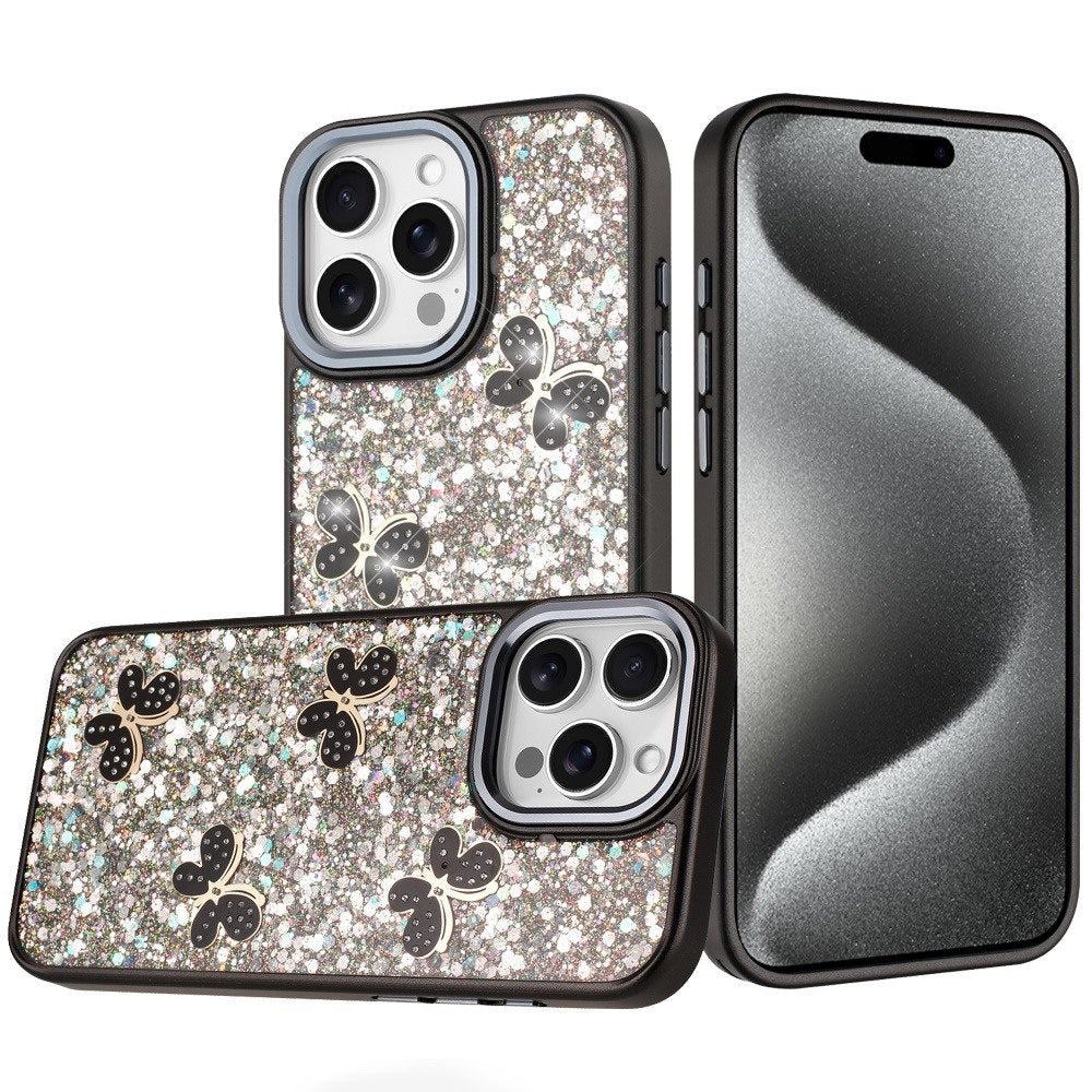 For Apple iPhone 15 Pro Max Cute Butterfly Crystal Diamond Glitter Case Sparkle Bling Frame Metallic Edges, Shimmer TPU Hybrid Case Cover