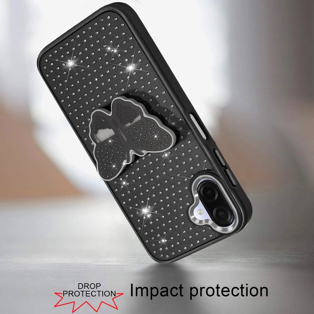 For Samsung Galaxy A07 Butterfly Moveable Grip 3D Pop Stand Full Diamond Bling Sparkling TPU Fashion Hybrid Case Cover
