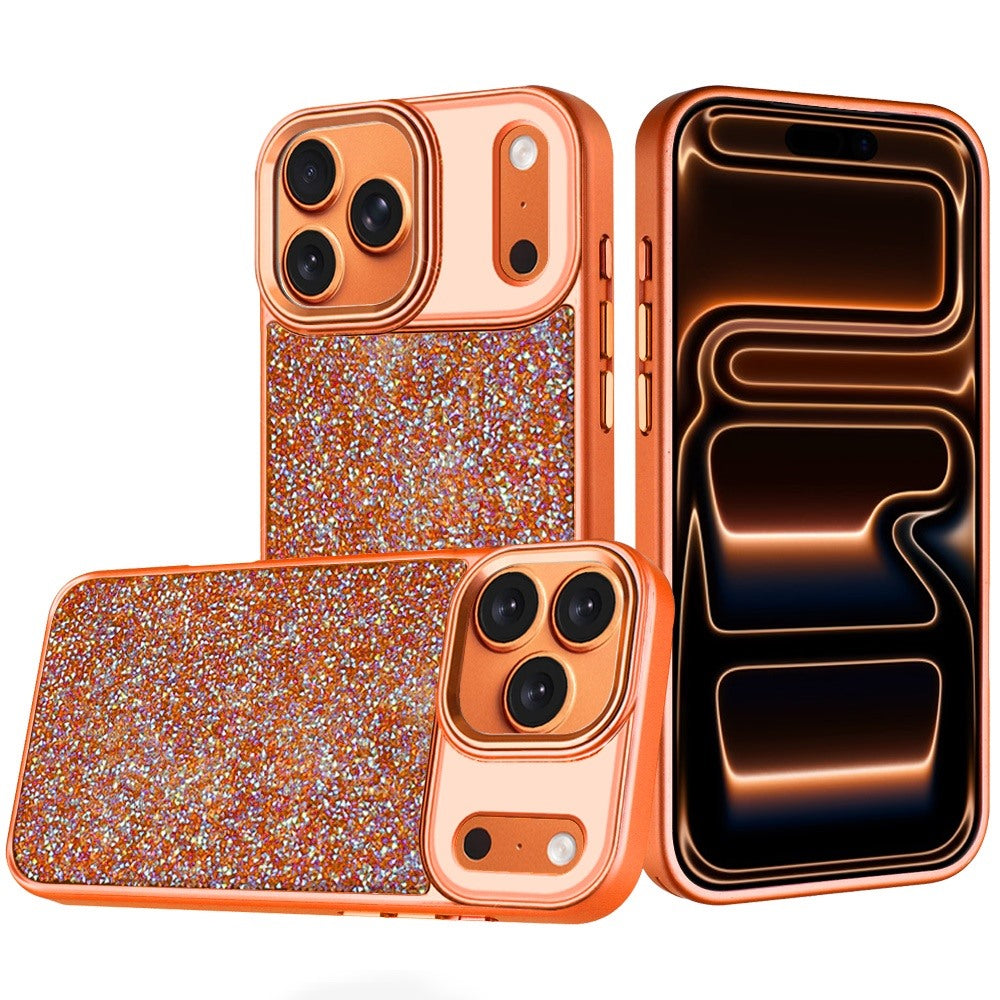 Phone Case for Apple iPhone 17 Pro Crystal Glass Bling Diamond Metallic Edge Shockproof Durable Protective Clear Hybrid Stylish Premium Design Cover Cosmic Orange