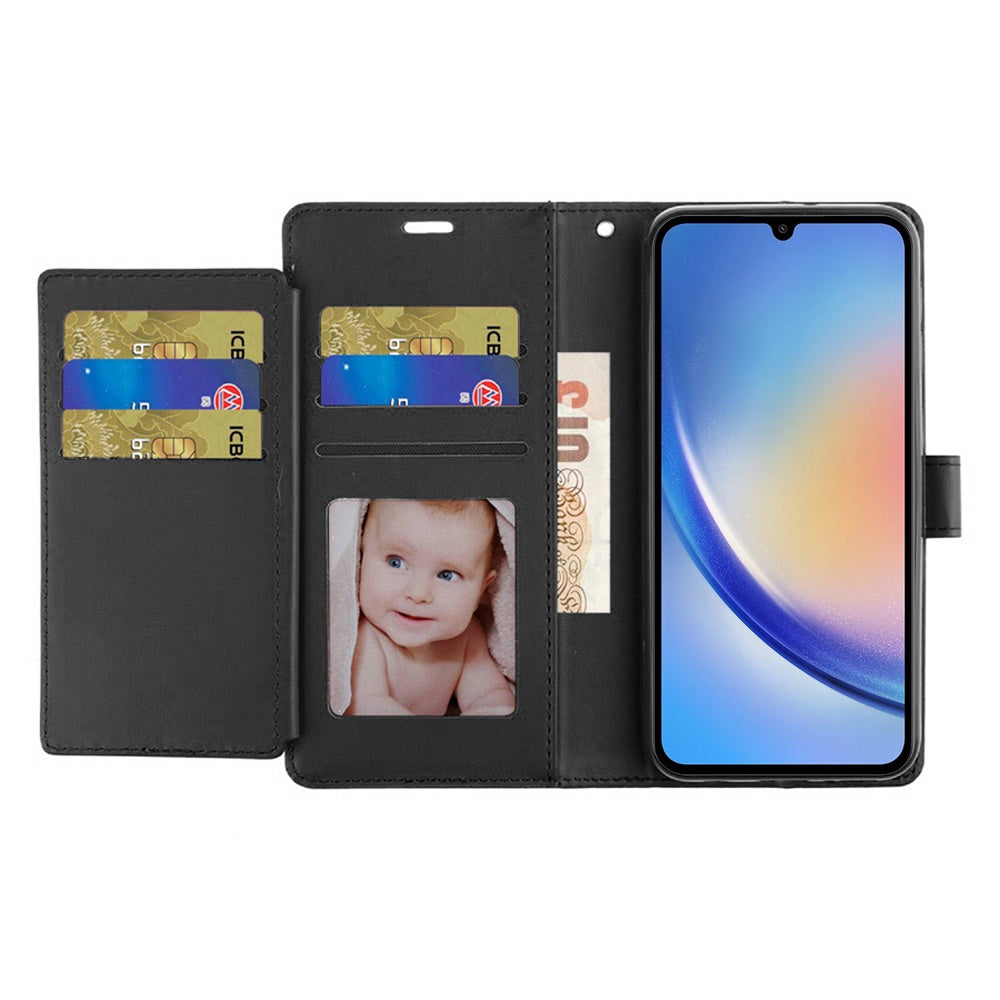 For Samsung Galaxy A36 Premium Leather Wallet with Credit Card ID Slots Cash Holder, Duo Flip Pouch, Stand Function & Strap Case Cover Black