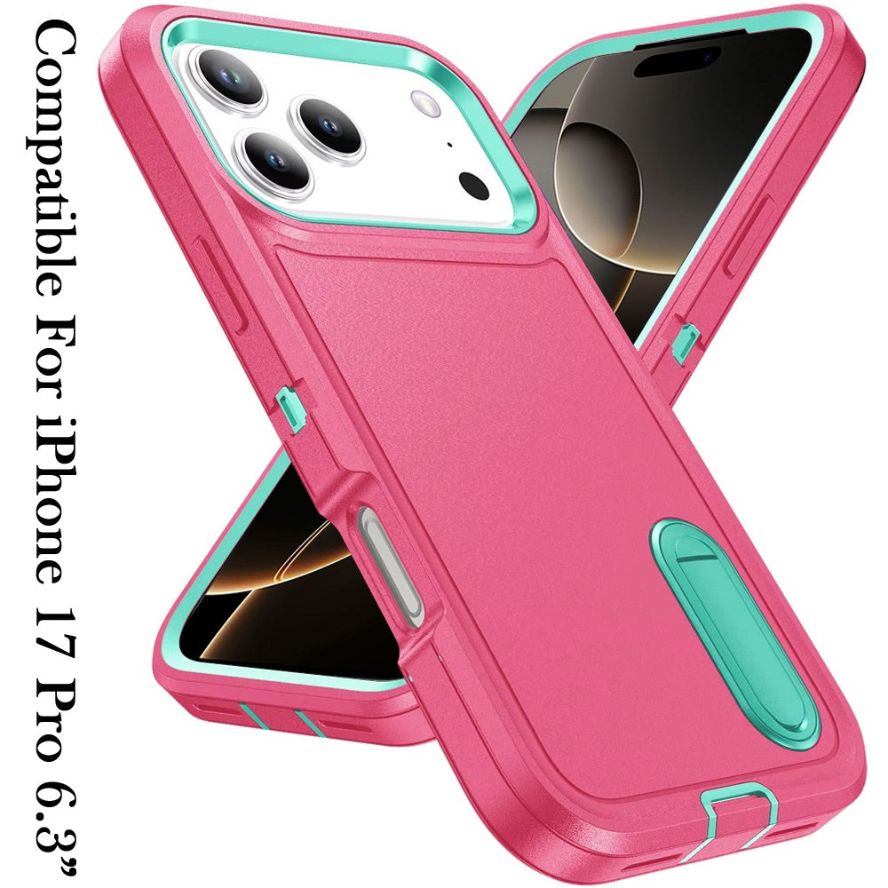 For Apple iPhone 17 Pro Hybrid 3 Layers Hard 3in1 Shockproof with Kickstand Heavy Duty Hard TPU Rubber Anti-Drop Case Cover