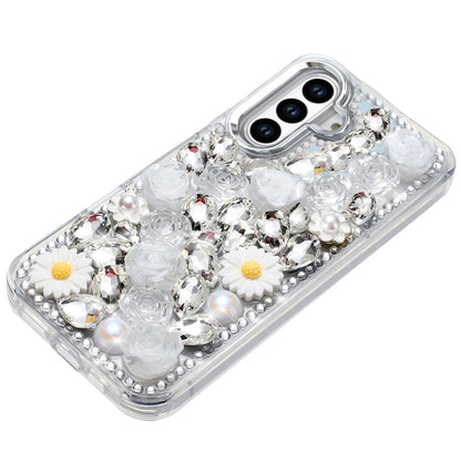 For Samsung Galaxy S25 Plus /S25+ /S24/Plus Fashion Daisy Floral Series, Full 3D Bling Crystal Diamonds Sparkling Rhinestone Glitter Hybrid Design Case Cover