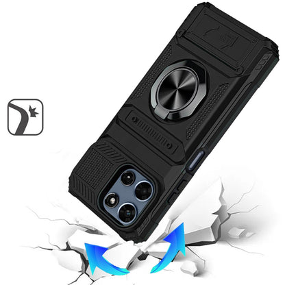 For Motorola Moto G Play 5G 2026 2X Card Slot Metal Ring Stand Hybrid Shockproof Heavy Duty Drop Protection Multi Functional Design Case Cover Black
