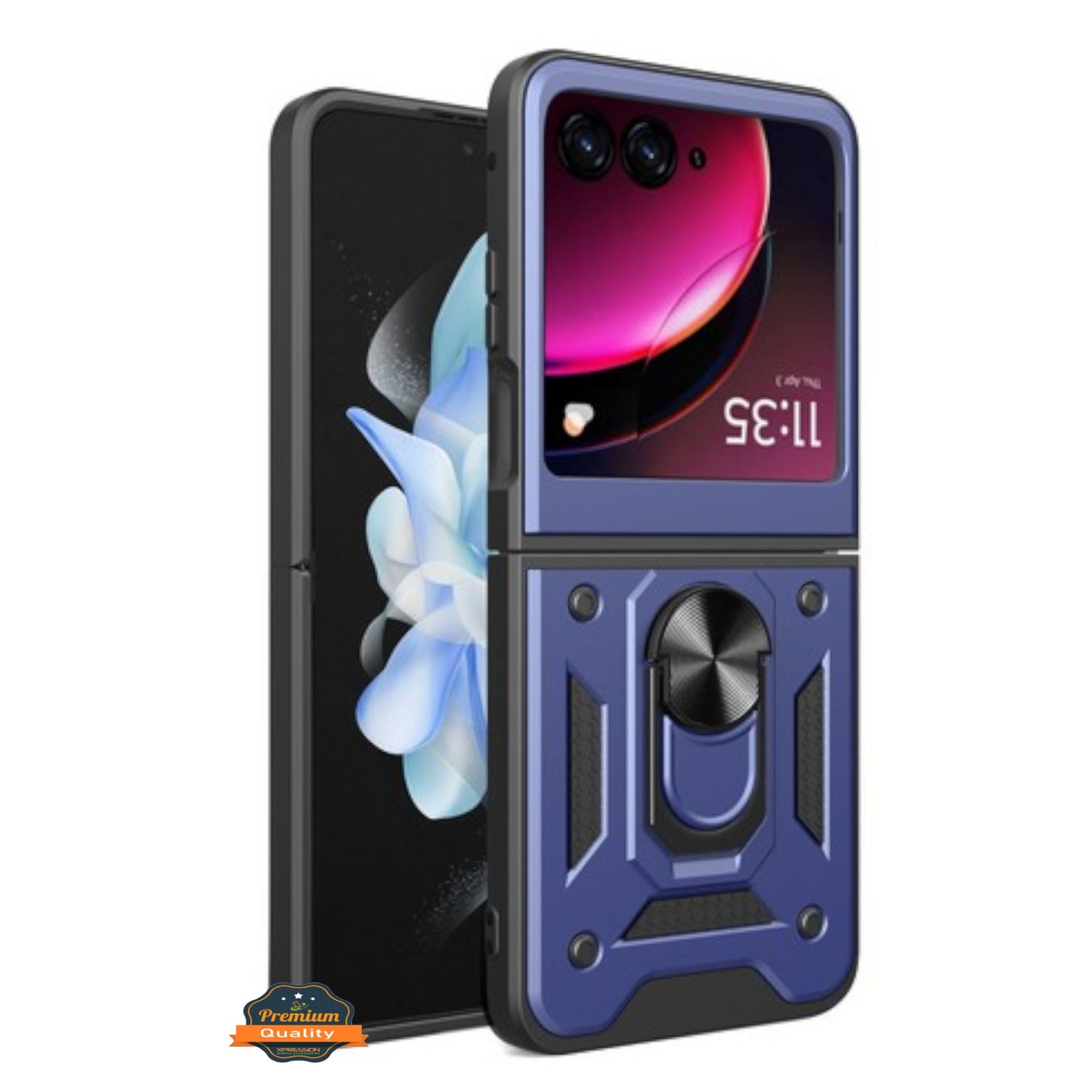 For Motorola Razr+ 2025, Motorola Razr+ Plus (2025) Shockproof Hybrid Dual Layer PC + TPU with Metal Ring Kickstand Heavy Duty Armor Shell Case Cover Blue