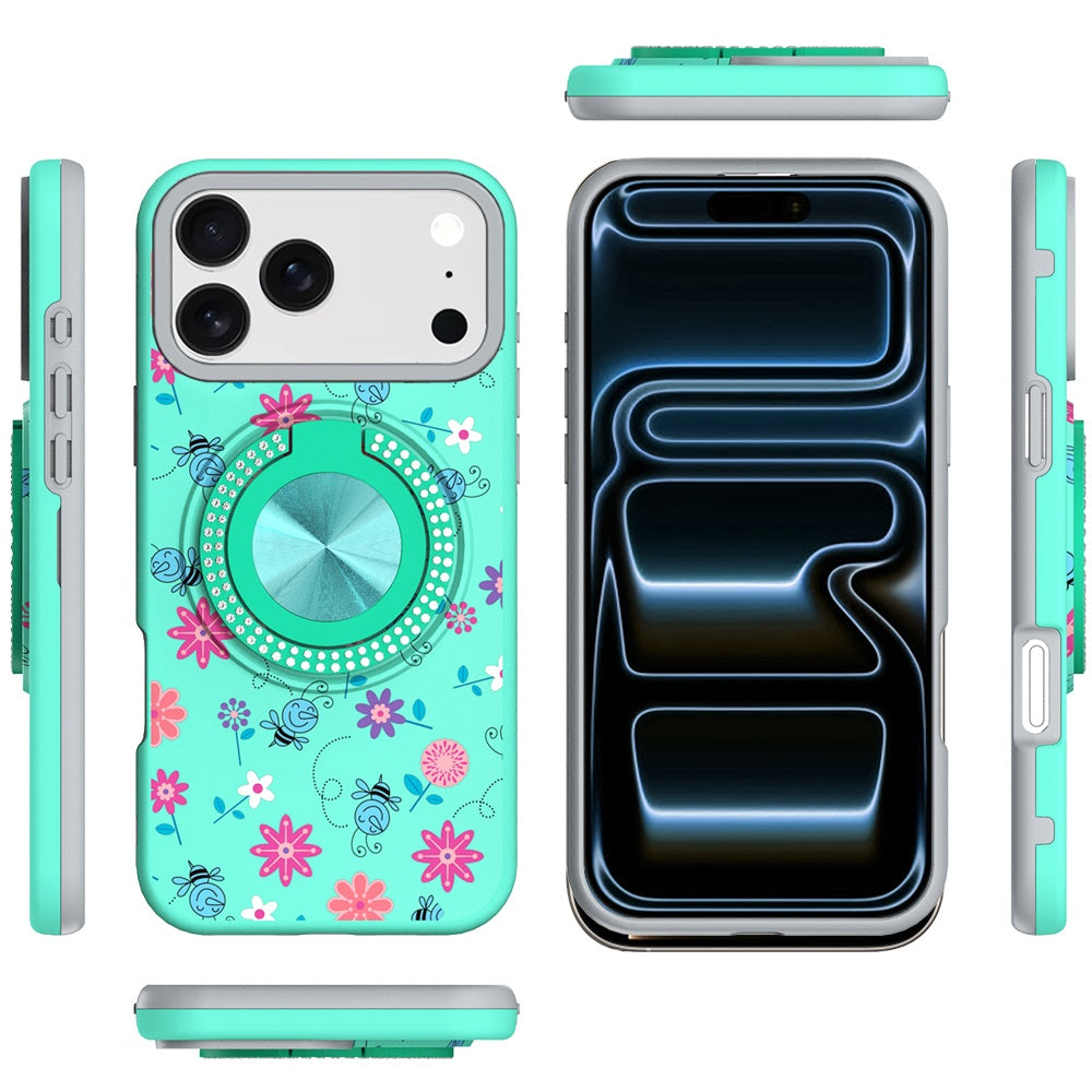 For Apple iPhone 17 Pro Max Pattern Design Hybrid with Invisible Ring Stand & Magnetic Back, Shockproof Protective Grip Case Cover