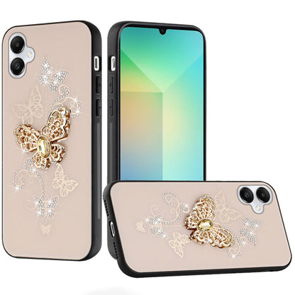 For Samsung Galaxy A06 Diamonds 3D Butterfly Bling Sparkly Glitter Ornaments Engraving Hybrid Metal Fashion Case Cover Gold Garden Butterflies
