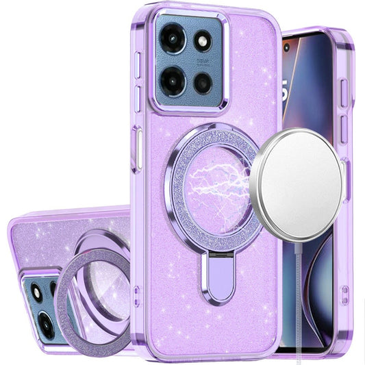 For Motorola Moto G Stylus 5G 2025 Transparent Glitter Bling Case with Rotating Magnetic Ring Stand, Shockproof Hybrid Case Cover