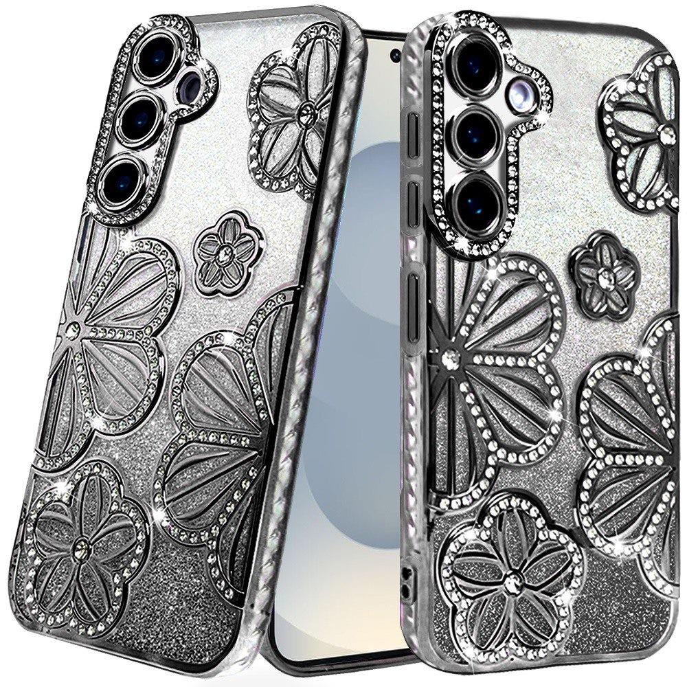 For Samsung Galaxy S26 Luxury Flower Design Sparkle Glitter Diamond Rhinestone Shimmer Bling Plating Thick TPU Hard PC Case Cover