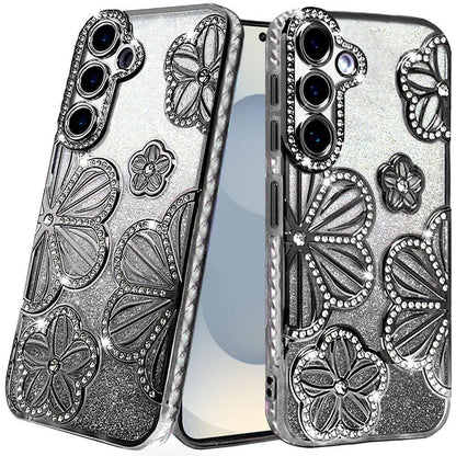 For Samsung Galaxy S26 Luxury Flower Design Sparkle Glitter Diamond Rhinestone Shimmer Bling Plating Thick TPU Hard PC Case Cover
