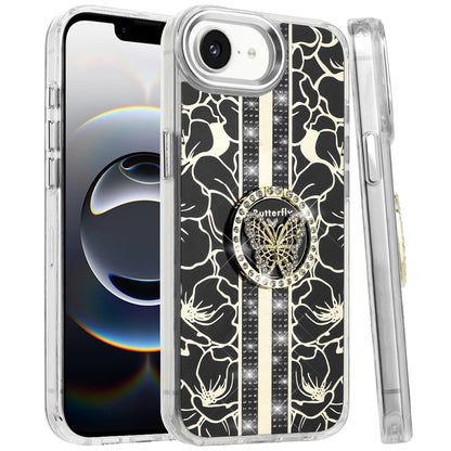 For Apple iPhone 16e Diamonds 3D Butterfly Floral Design Bling Sparkly Glitter Hybrid Metal Fashion with Ring Stand Case Cover