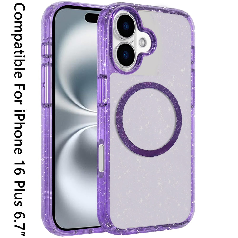 For Apple iPhone 16 Plus (6.7") Transparent Glitter Bling Sparkly Shiny Case Hybrid Magnetic Circle Compatible with MagSafe Shockproof Case Cover