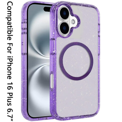 For Apple iPhone 16 Plus (6.7") Transparent Glitter Bling Sparkly Shiny Case Hybrid Magnetic Circle Compatible with MagSafe Shockproof Case Cover
