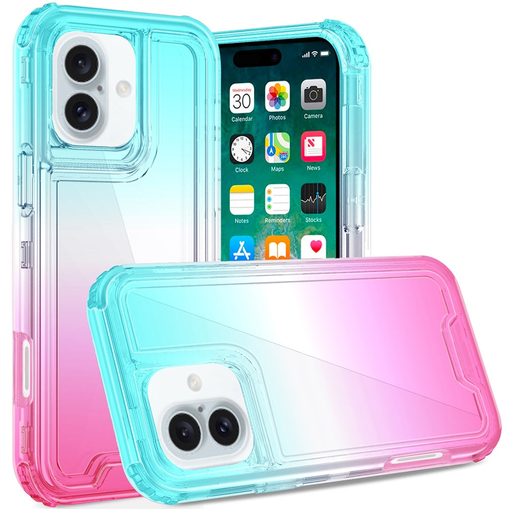 For Apple iPhone 16 Plus (6.7") Hybrid 3in1 Clear Two Color Tone Transparent Shockproof Rubber TPU + Hard Protective Frame Case Cover Blue Teal + Pink
