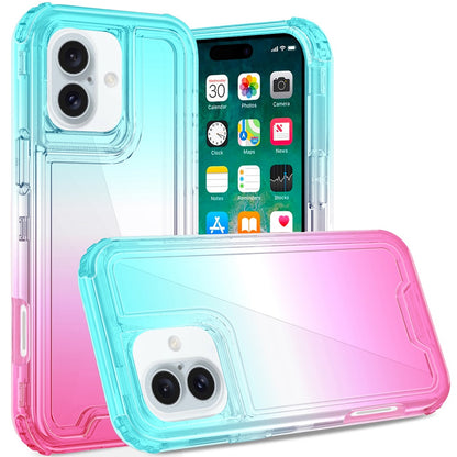 For Apple iPhone 16 Plus (6.7") Hybrid 3in1 Clear Two Color Tone Transparent Shockproof Rubber TPU + Hard Protective Frame Case Cover Blue Teal + Pink