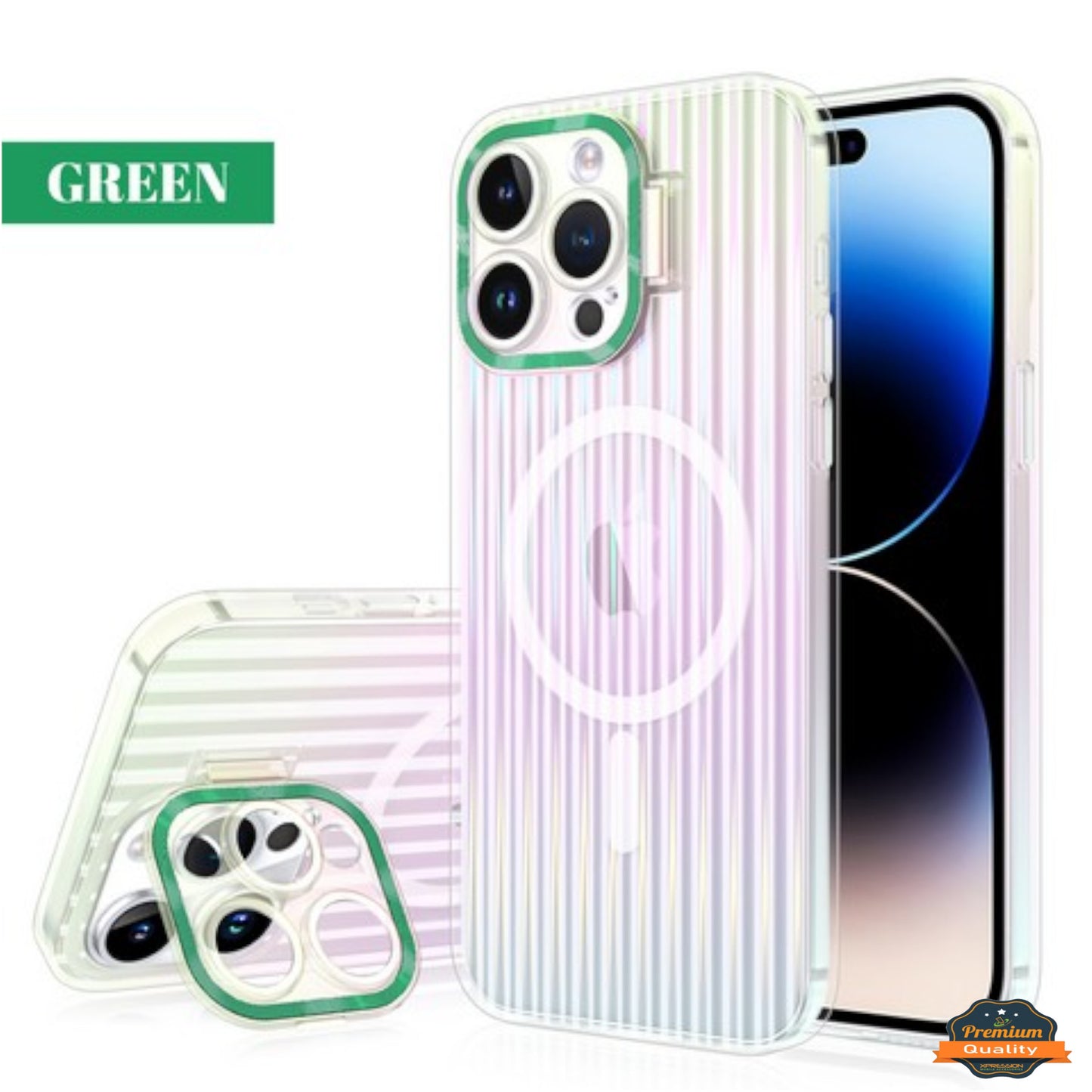 For Apple iPhone 15 (6.1") Built-in Camera Kickstand Clip Shockproof Iridescent Holographic Colorful TPU Slim Protective  Phone Case Cover