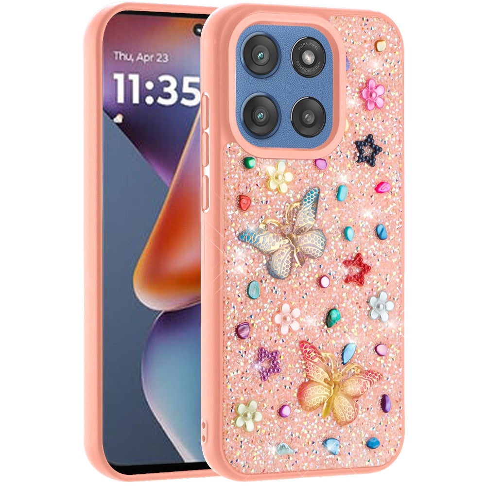 For Motorola Moto G 5G 2025 Diamond Butterfly 3D Glitter Bling Design, Slim Hybrid Sparkle Protective Cover TPU for Women Girls Case Cover Light Pink