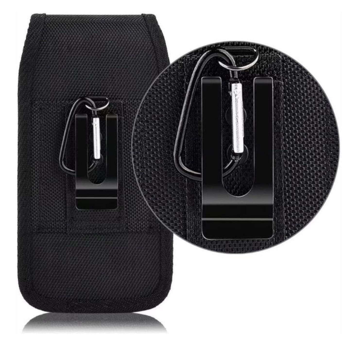 For Apple iPhone 16 (6.1") Vertical Nylon Canvas Holster Universal Cell Phone Pouch Velcro Closure with Credit Card Slot & Belt Clip Loop Carabiner [Black]