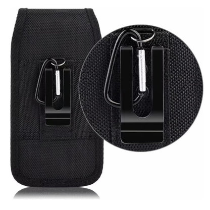 For Apple iPhone 16 Pro (6.3") Vertical Nylon Canvas Holster Universal Cell Phone Pouch Velcro Closure with Credit Card Slot & Belt Clip Loop Carabiner [Black]