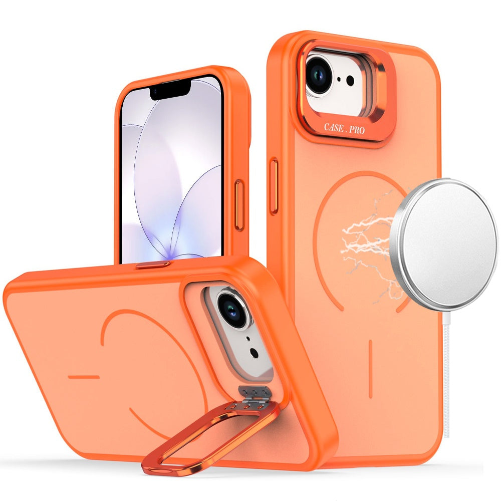 For Apple iPhone 17E /16E Magnetic Matte Metal Camera Stand Hybrid Drop Protection Durable Shockproof Slim Fit Design Case Cover Cosmic Orange