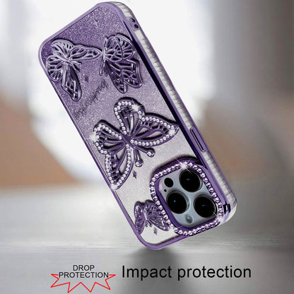 For Apple iPhone 15 Pro Max Luxury Butterfly Sparkle Glitter Diamond Crystal Rhinestone Shimmer Bling Plating Thick TPU Hard PC Case Cover Purple
