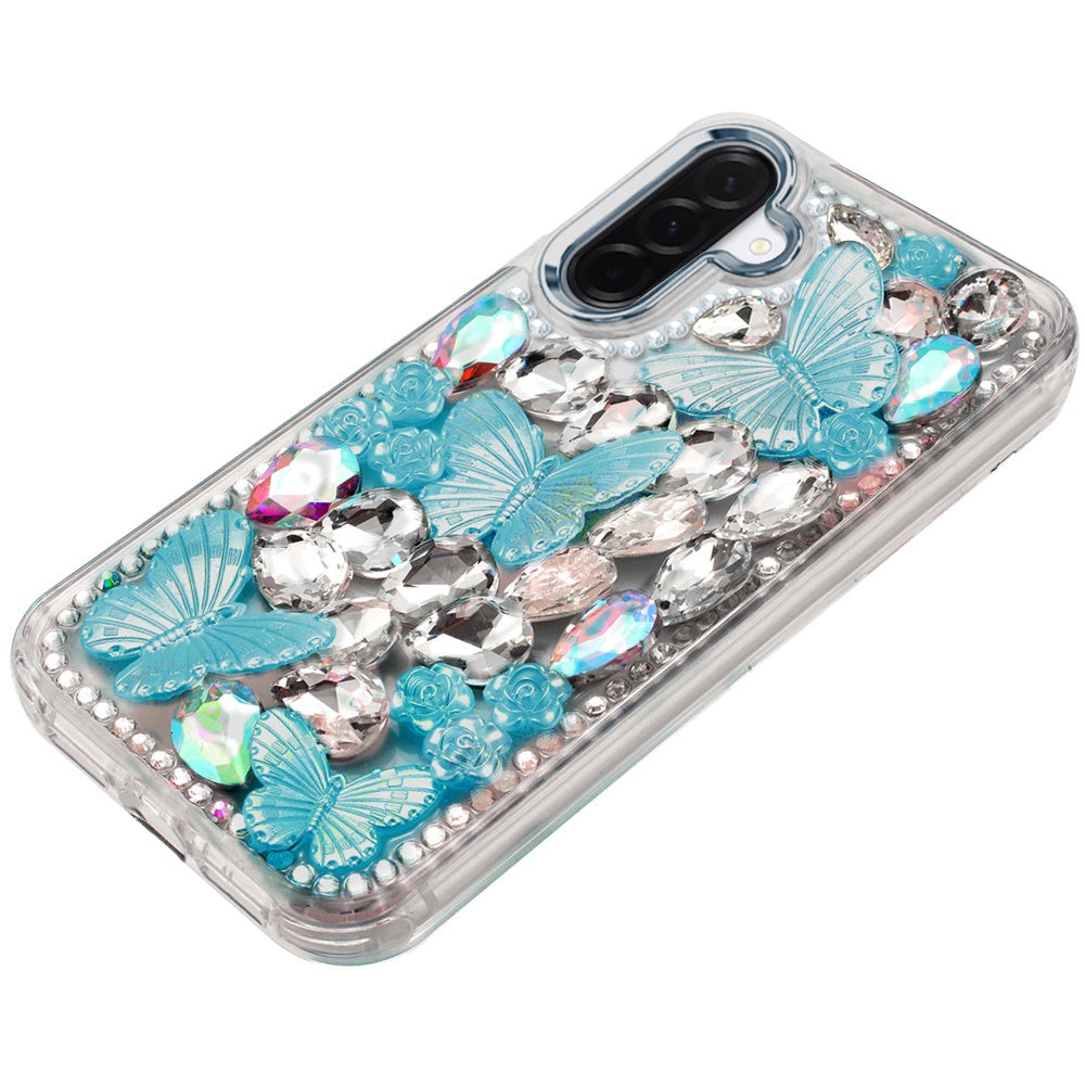 For Samsung Galaxy A57 3D Diamond Floral Butterfly Bling Stone Hybrid, Sparkly Rhinestone Gemstone Back Shockproof Case Cover
