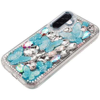 For Samsung Galaxy A57 3D Diamond Floral Butterfly Bling Stone Hybrid, Sparkly Rhinestone Gemstone Back Shockproof Case Cover
