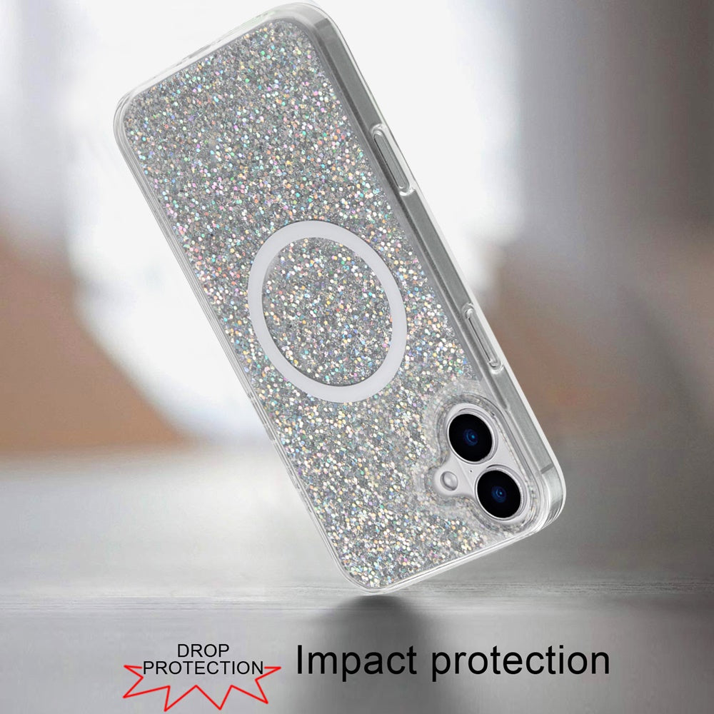 For Apple iPhone 16 Plus (6.7") Premium Transparent Epoxy Glitter Bling Magnetic Circle Compatible with MagSafe Hybrid Sparkle TPU Case Cover
