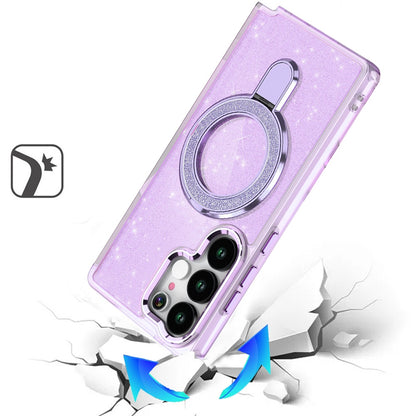 Phone Case for Samsung Galaxy S25 Ultra Colofull Transparent Glitter Magnetic Ring Stand Shockproof Rotating Grip Protective Hybrid Durable Cover Light Purple