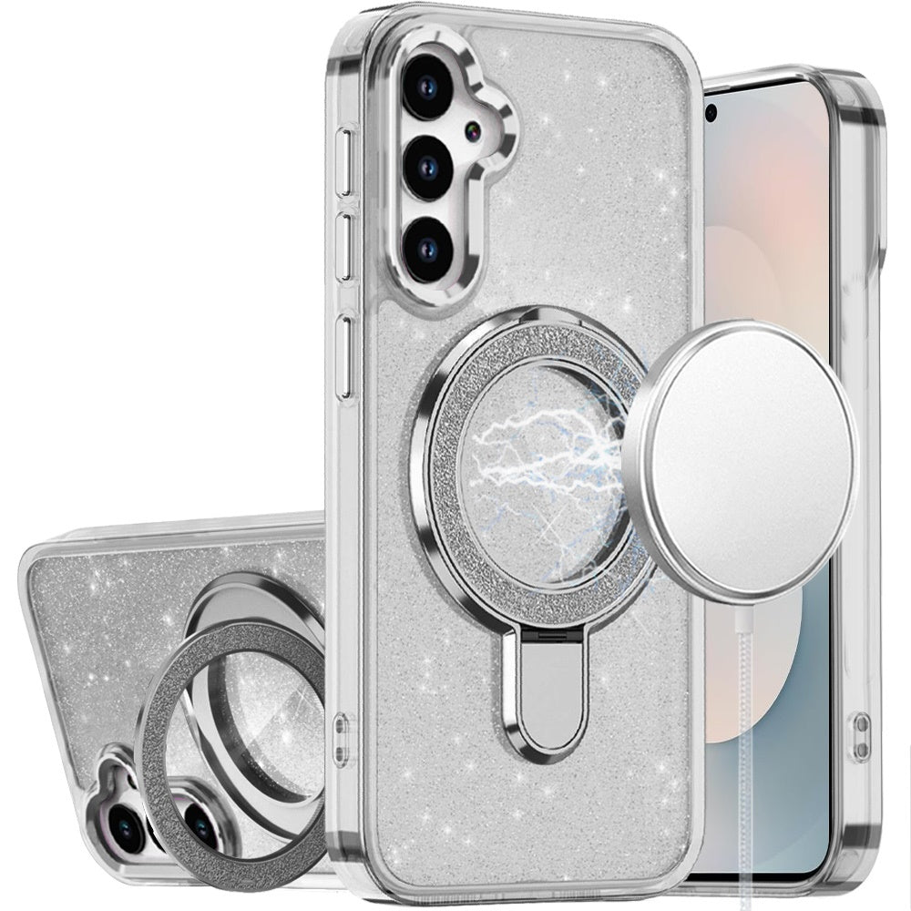 For Samsung Galaxy S25 FE /S25 Fan Edition Transparent Glitter Bling Case with Rotating Magnetic Ring Stand, Shockproof Hybrid Case Cover Clear