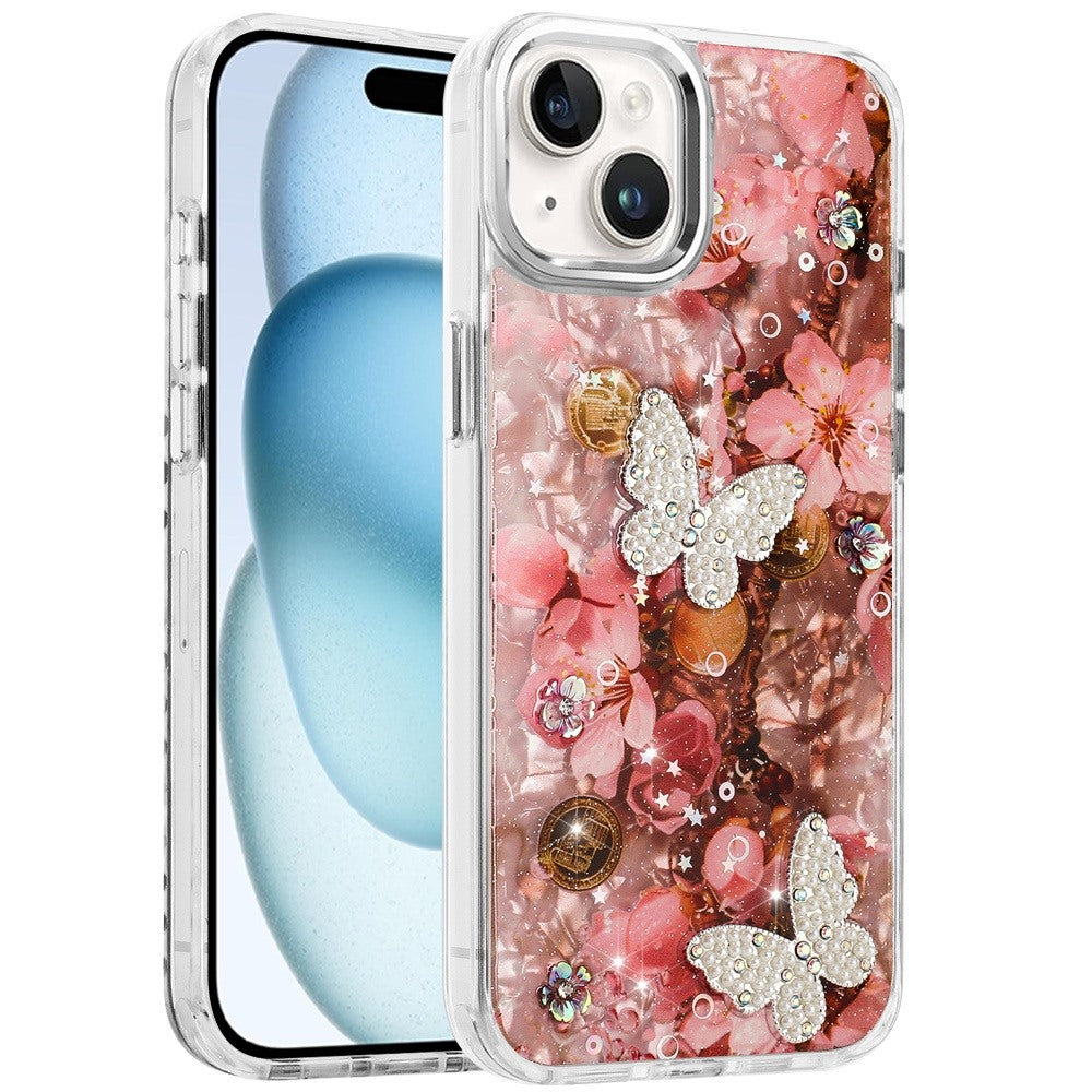For Apple iPhone 12 /12 Pro Epoxy Glitter Flowers Bling 3D Butterfly Fashion TPU Hybrid with Shockproof Protection Case Cover
