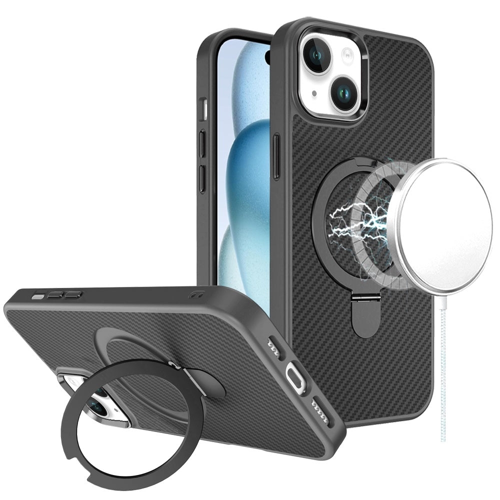 For Apple iPhone 16 Pro (6.3") Hybrid Carbon Fiber Design with MagSafe Compatible [Magnetic Circle], Ring Stand Shockproof Slim TPU Case Cover