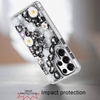 For Samsung Galaxy S25 Ultra Fashion Daisy Floral Series, Full 3D Bling Crystal Diamonds Sparkling Rhinestone Glitter Hybrid Design Case Cover Blue