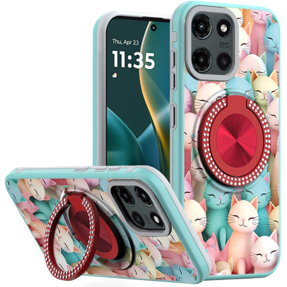 For Motorola Moto G 5G 2025 Pattern Design Hybrid with Invisible Ring Stand & Magnetic Back, Shockproof Protective Grip Case Cover