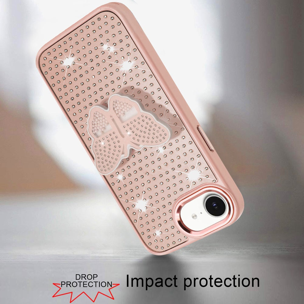 For Apple iPhone 16e Butterfly Moveable Grip 3D Pop Stand Full Diamond Bling Sparkling TPU Fashion Hybrid Case Cover