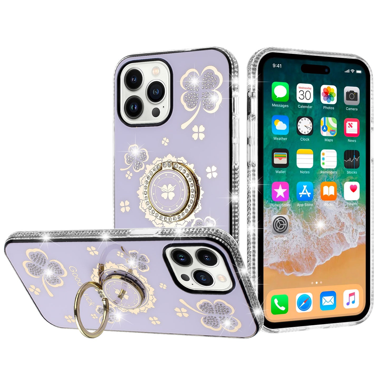 For Samsung Galaxy A37 Diamonds Bling All Around Edges Sparkly Glitter Hybrid with Ring Stand Holder Fashion Good Luck Case Cover
