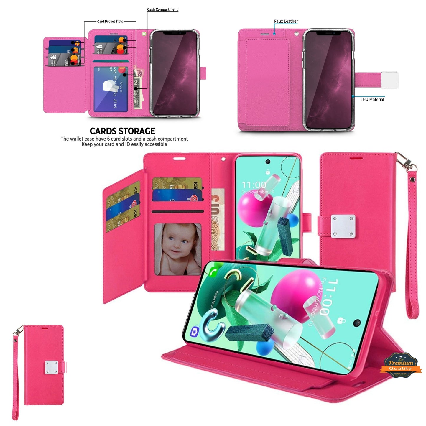 Phone Case for Samsung Galaxy S24 Ultra Wallet Credit Card Holder Leather Grip Shockproof Hybrid Protective Style Durable Flip Pouch Cover Hot pink