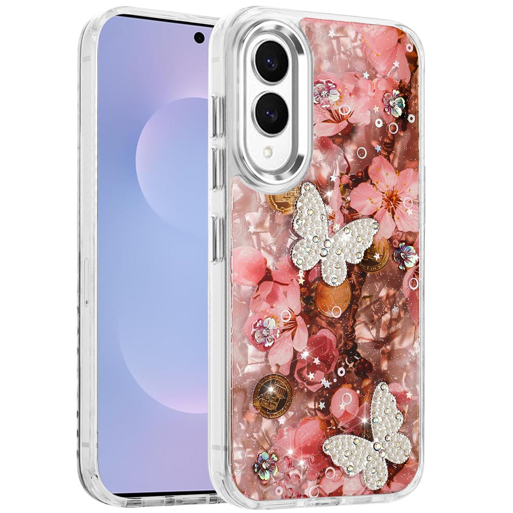 For Samsung Galaxy S25 EDGE Epoxy Glitter Flowers Bling 3D Butterfly Fashion TPU Hybrid with Shockproof Protection Case Cover