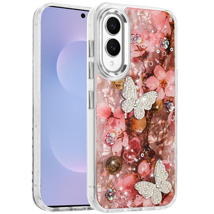 For Samsung Galaxy S25 EDGE Epoxy Glitter Flowers Bling 3D Butterfly Fashion TPU Hybrid with Shockproof Protection Case Cover