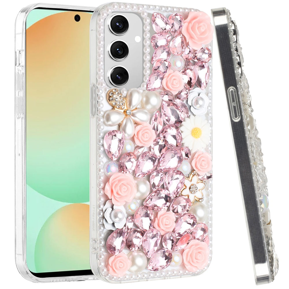 For Samsung Galaxy S24 Fan Edition /Galaxy S24 FE Fashion Rose Flower Floral Bling Crystal 3D Full Diamonds Pearl Sparkle Rhinestone Glitter Hybrid Case Cover Pink