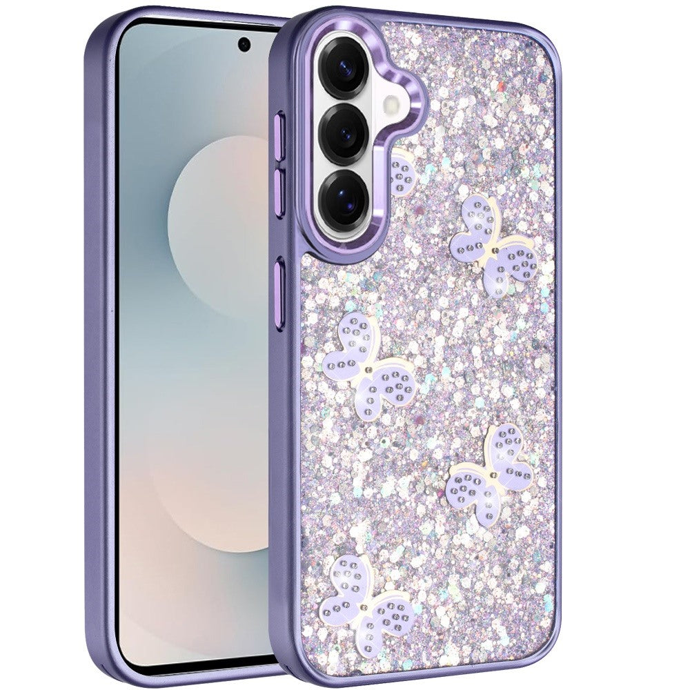 For Samsung Galaxy S26+ / S26 Plus Cute Butterfly Crystal Diamond Glitter Case Sparkle Bling Frame Metallic Edges, Shimmer TPU Hybrid Case Cover