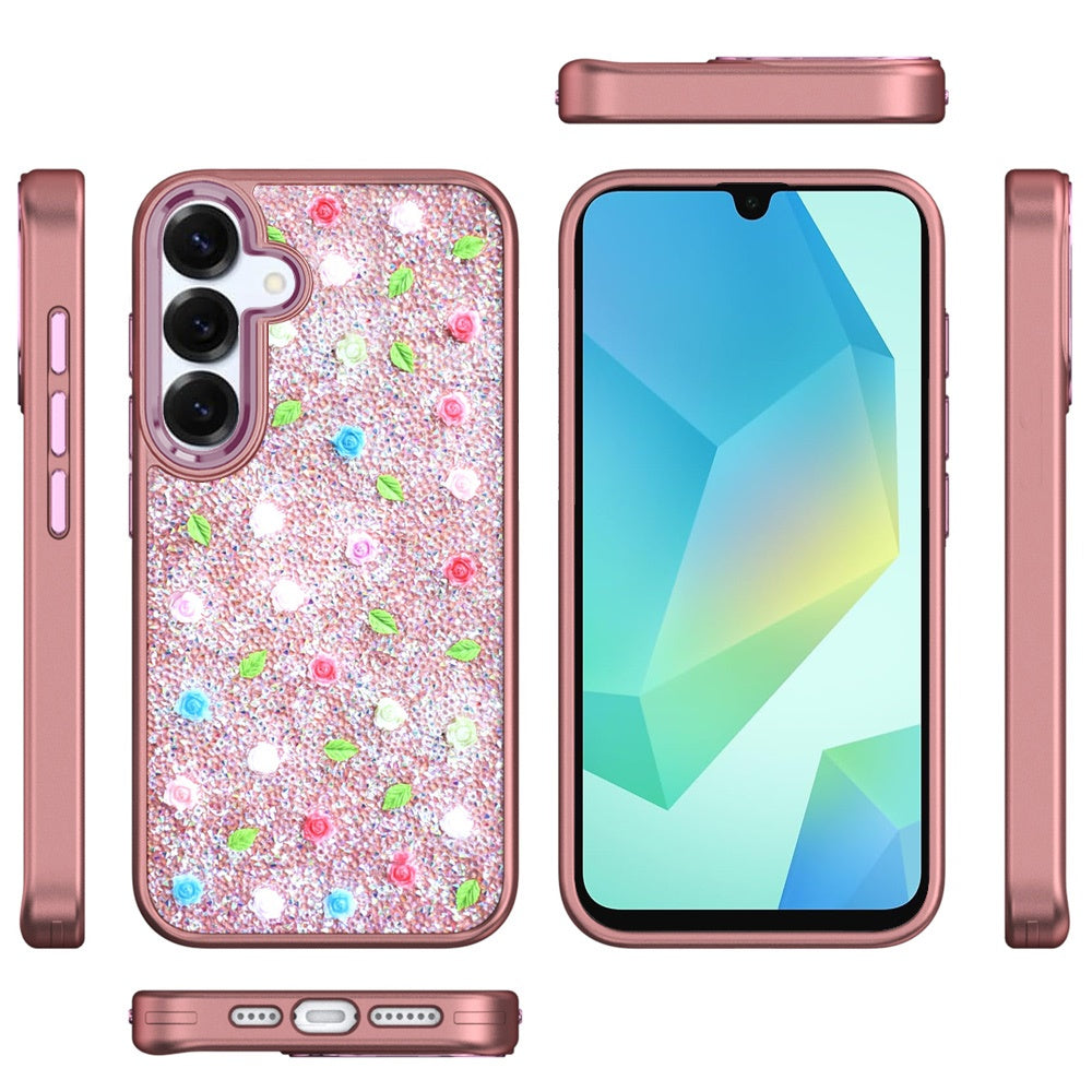 For Samsung Galaxy S25+ /S25 Plus /S24+ Plus Floral Design Embedded Glass Diamond Fancy Fashion Glitter Bling Sparkly Hybrid Rugged TPU Bumper Case Cover