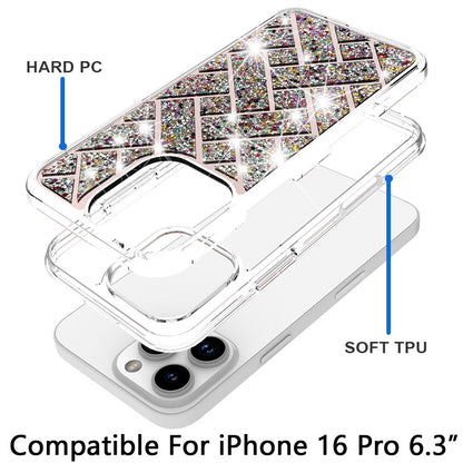 For Apple iPhone 16 Pro (6.3") Sparkly 3D Design Diamond Shockproof Protective Bling Rhinestone Hybrid Skin PC + TPU Case Cover