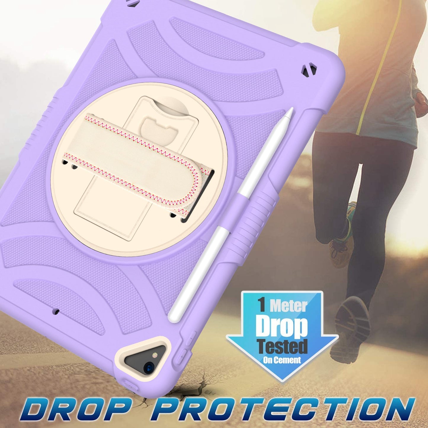 For 3-in-1 Tough Hybrid Shockproof Protector Silicone TPU with Pencil Holder, Kickstand, Hand & Shoulder Strap Purple Tablet Case Cover
