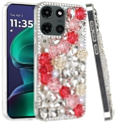 For Motorola Moto G Stylus 5G 2026 /2025 Fashion Rose Flower Floral, 3D Bling Crystal Full Diamonds Pearl Sparkle Rhinestone Glitter Hybrid Case Cover