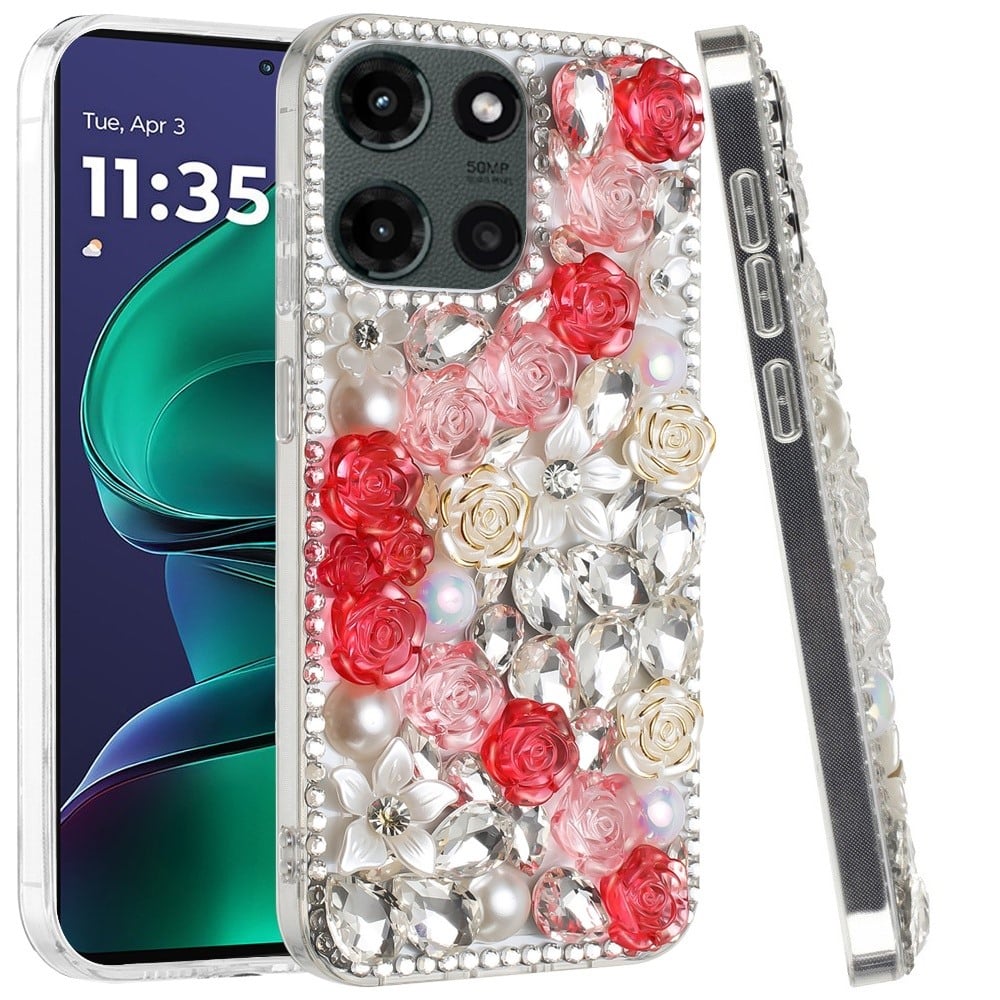 For Motorola Moto G Stylus 5G 2026 /2025 Fashion Rose Flower Floral, 3D Bling Crystal Full Diamonds Pearl Sparkle Rhinestone Glitter Hybrid Case Cover