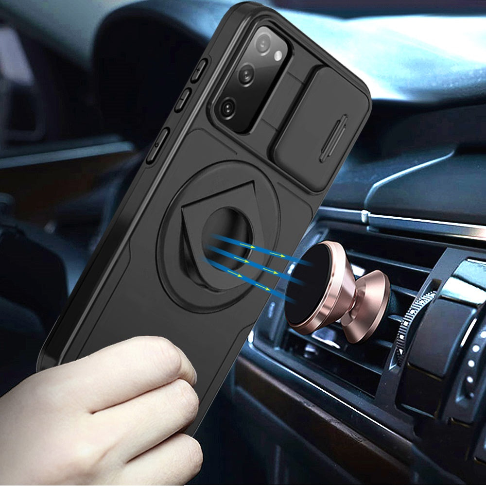 For Samsung Galaxy S21 FE /Fan Edition Full Coverage with Camera Window, Magnetic Circle, Rotatable Ring Stand, MagSafe Compatible, Shockproof Hybrid Protectiv Case Cover Black