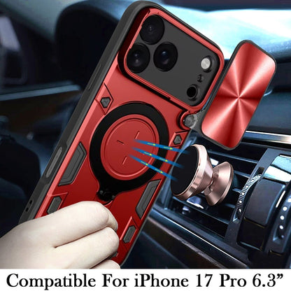 For Apple iPhone 17 Pro (6.3") Hybrid Magnetic 360° Ring Kickstand, MagSafe Compatible, Durable Full Camera Lens Protection Case Cover Red
